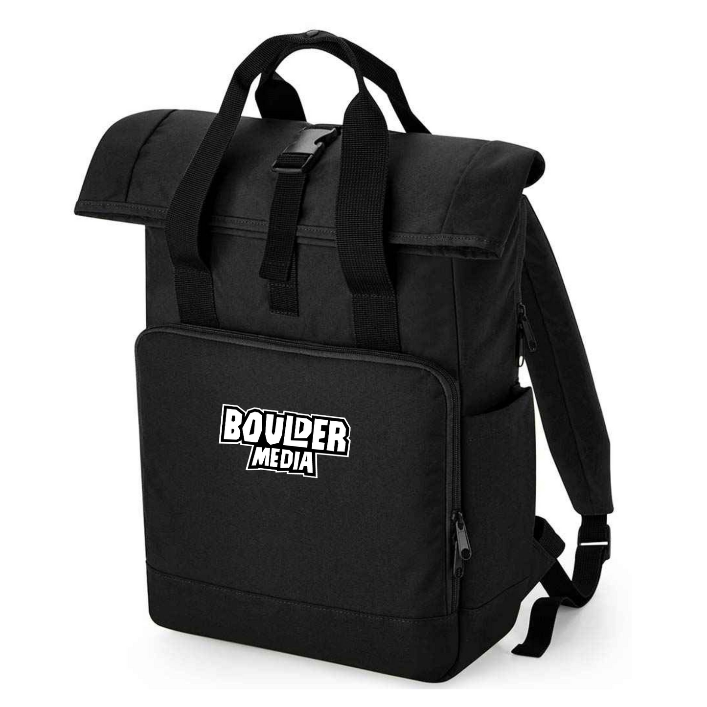 Boulder Media RECYCLED twin handle roll top laptop backpack embroidered