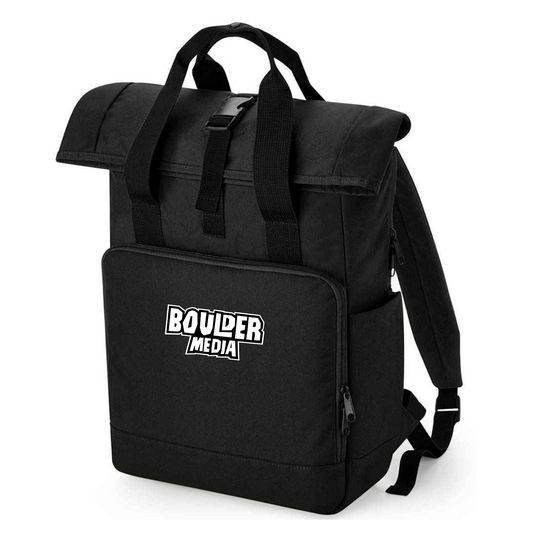 Boulder Media RECYCLED twin handle roll top laptop backpack embroidered